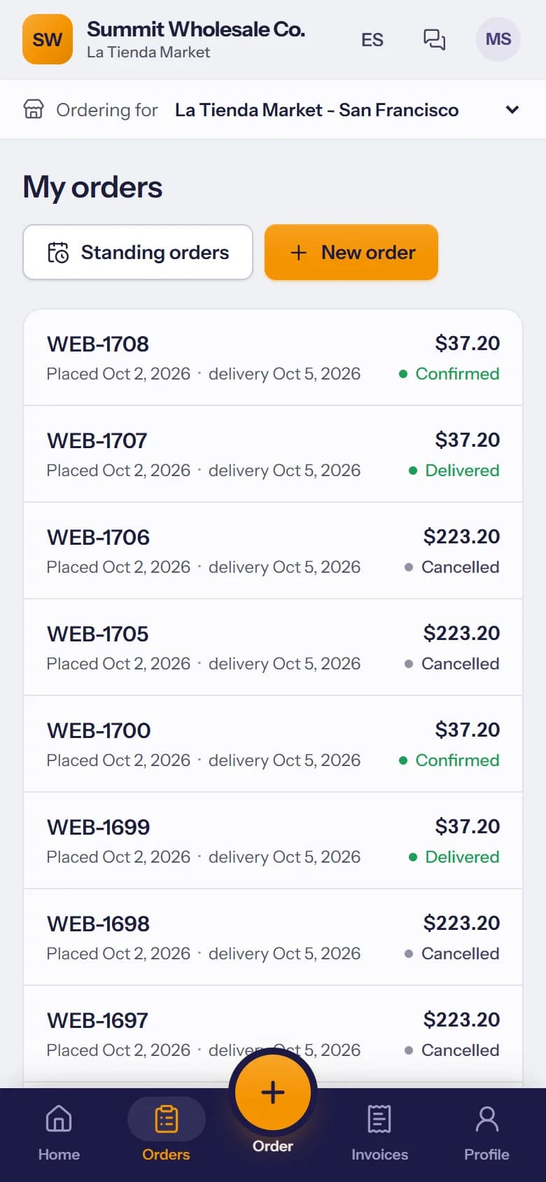 TranzSales customer portal on a phone: a store's orders with delivery dates and status